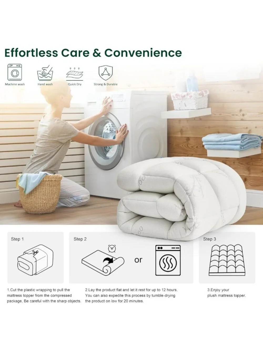 Thick Twin XL Bamboo Mattress Topper - Soft Cooling Pillow Top, Stretchable Fit